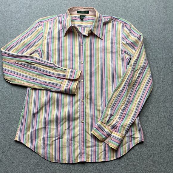 Lauren Ralph Lauren Shirt Medium Pink Green Linen Stripe Button Down Monogram - Picture 1 of 9